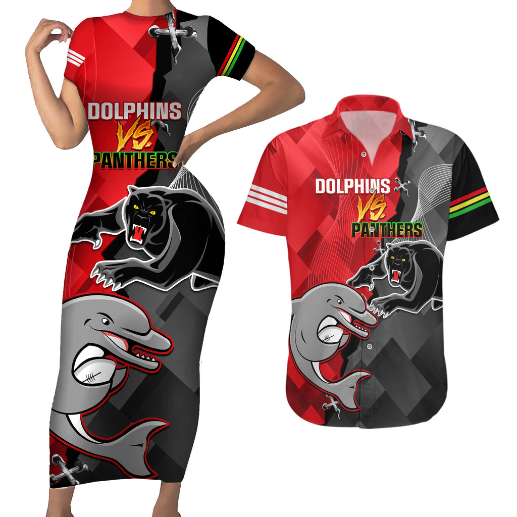 personalised-panthers-and-dolphins-couples-matching-short-sleeve-bodycon-dress-and-hawaiian-shirt-sporty-version