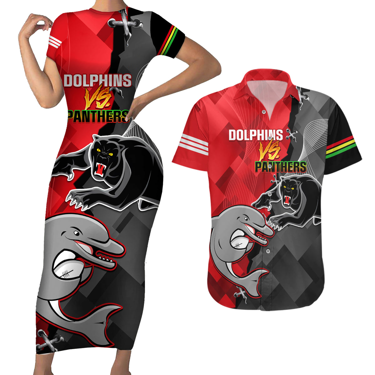personalised-panthers-and-dolphins-couples-matching-short-sleeve-bodycon-dress-and-hawaiian-shirt-sporty-version