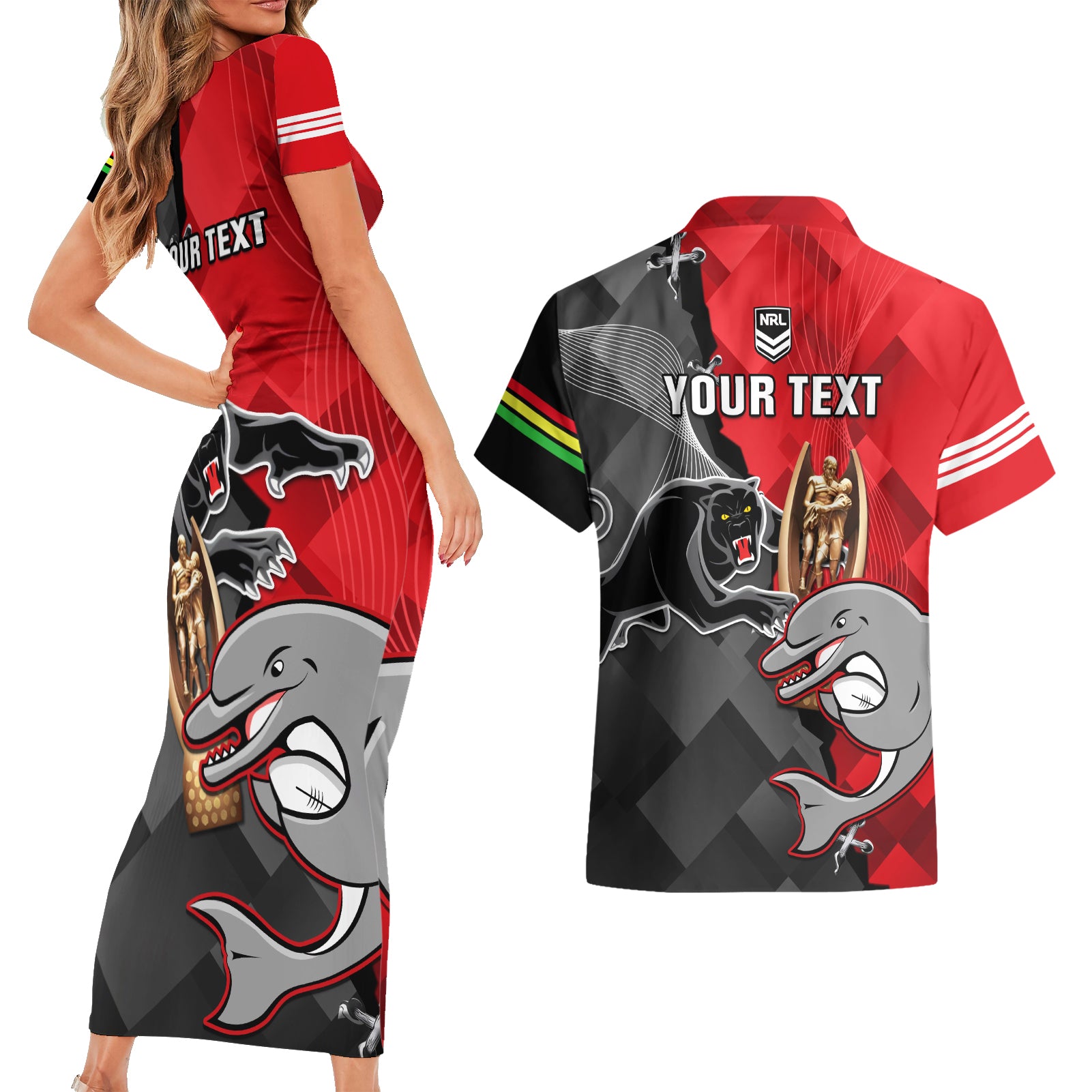 personalised-panthers-and-dolphins-couples-matching-short-sleeve-bodycon-dress-and-hawaiian-shirt-sporty-version
