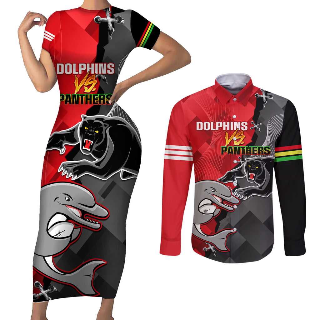 personalised-panthers-and-dolphins-couples-matching-short-sleeve-bodycon-dress-and-long-sleeve-button-shirt-sporty-version