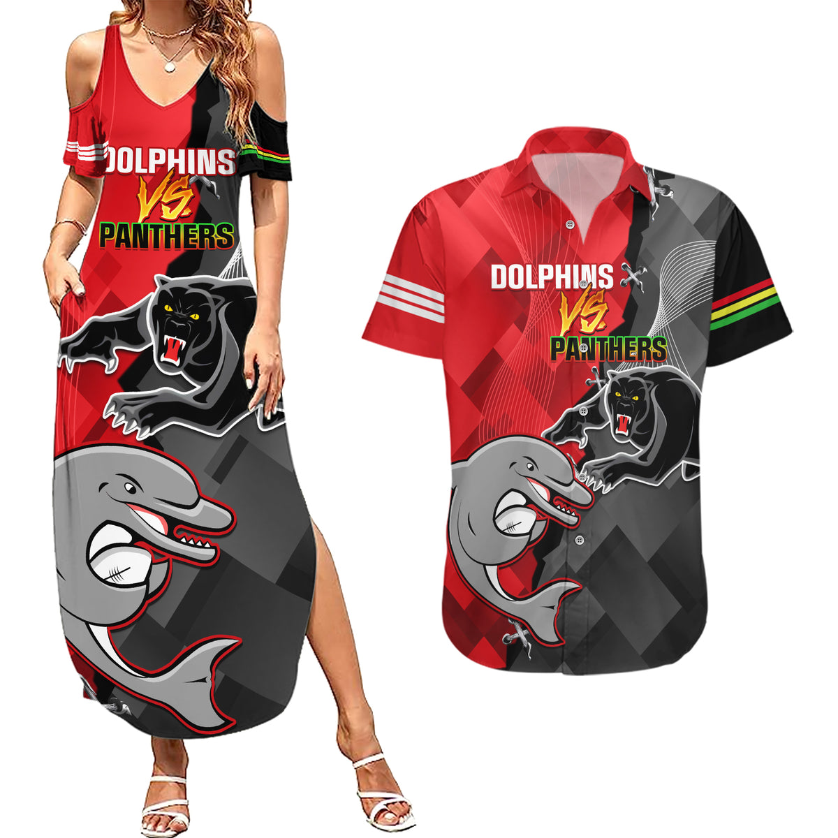 personalised-panthers-and-dolphins-couples-matching-summer-maxi-dress-and-hawaiian-shirt-sporty-version