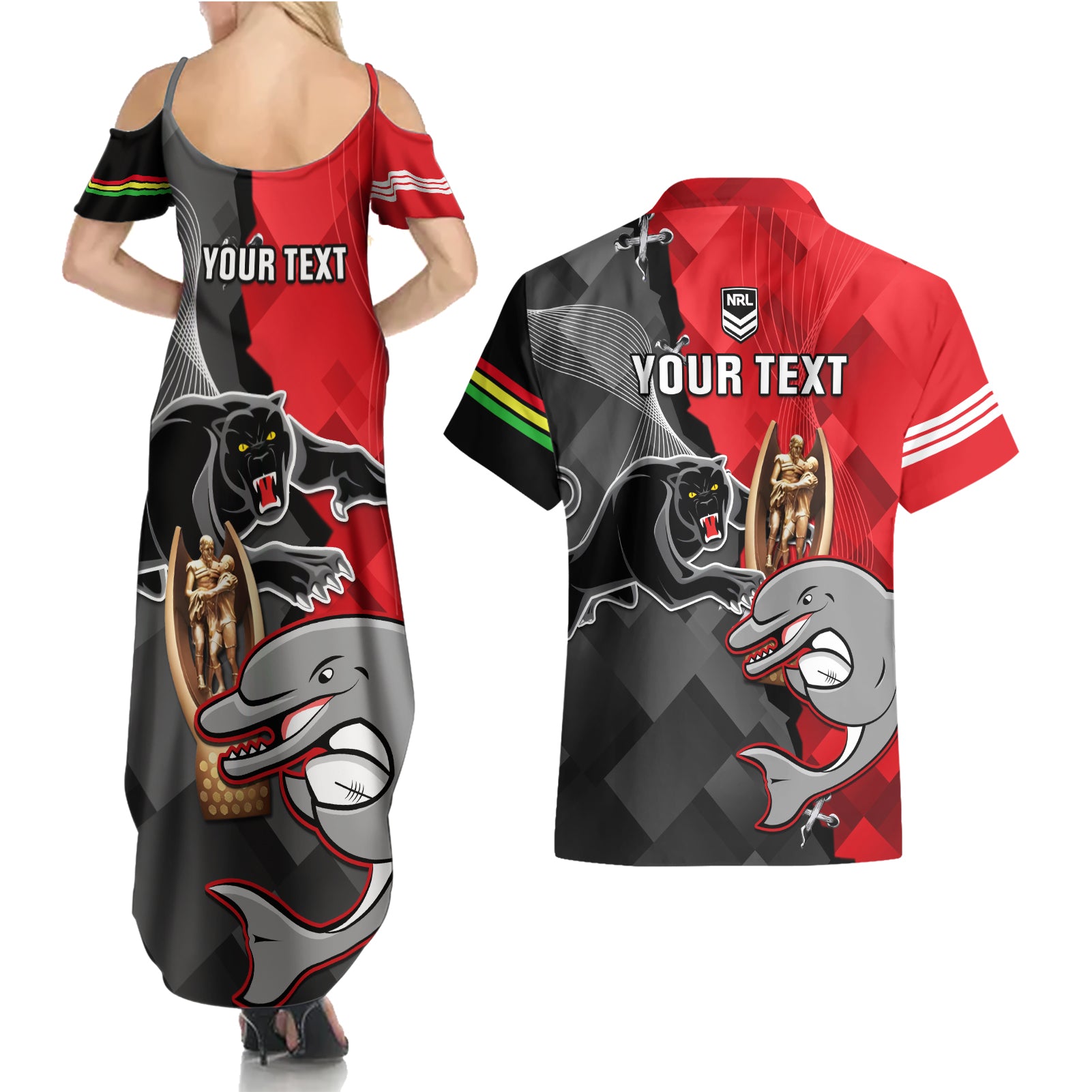 personalised-panthers-and-dolphins-couples-matching-summer-maxi-dress-and-hawaiian-shirt-sporty-version