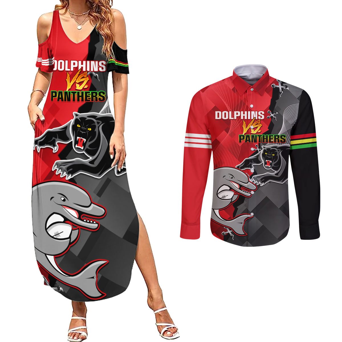 personalised-panthers-and-dolphins-couples-matching-summer-maxi-dress-and-long-sleeve-button-shirt-sporty-version