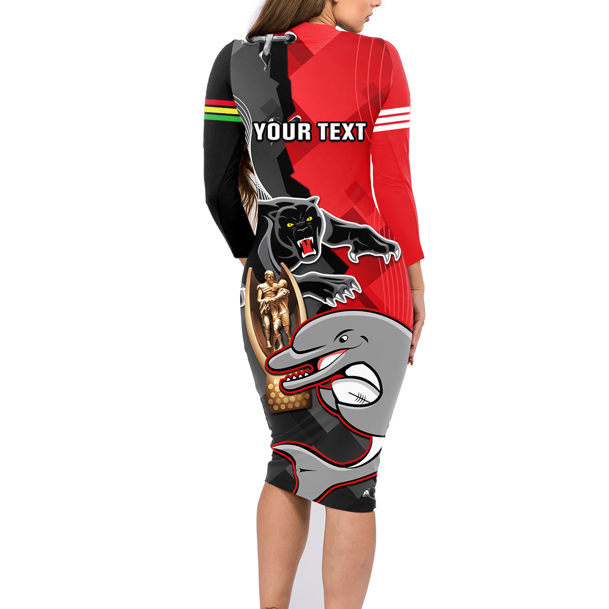 personalised-panthers-and-dolphins-family-matching-long-sleeve-bodycon-dress-and-hawaiian-shirt-sporty-version