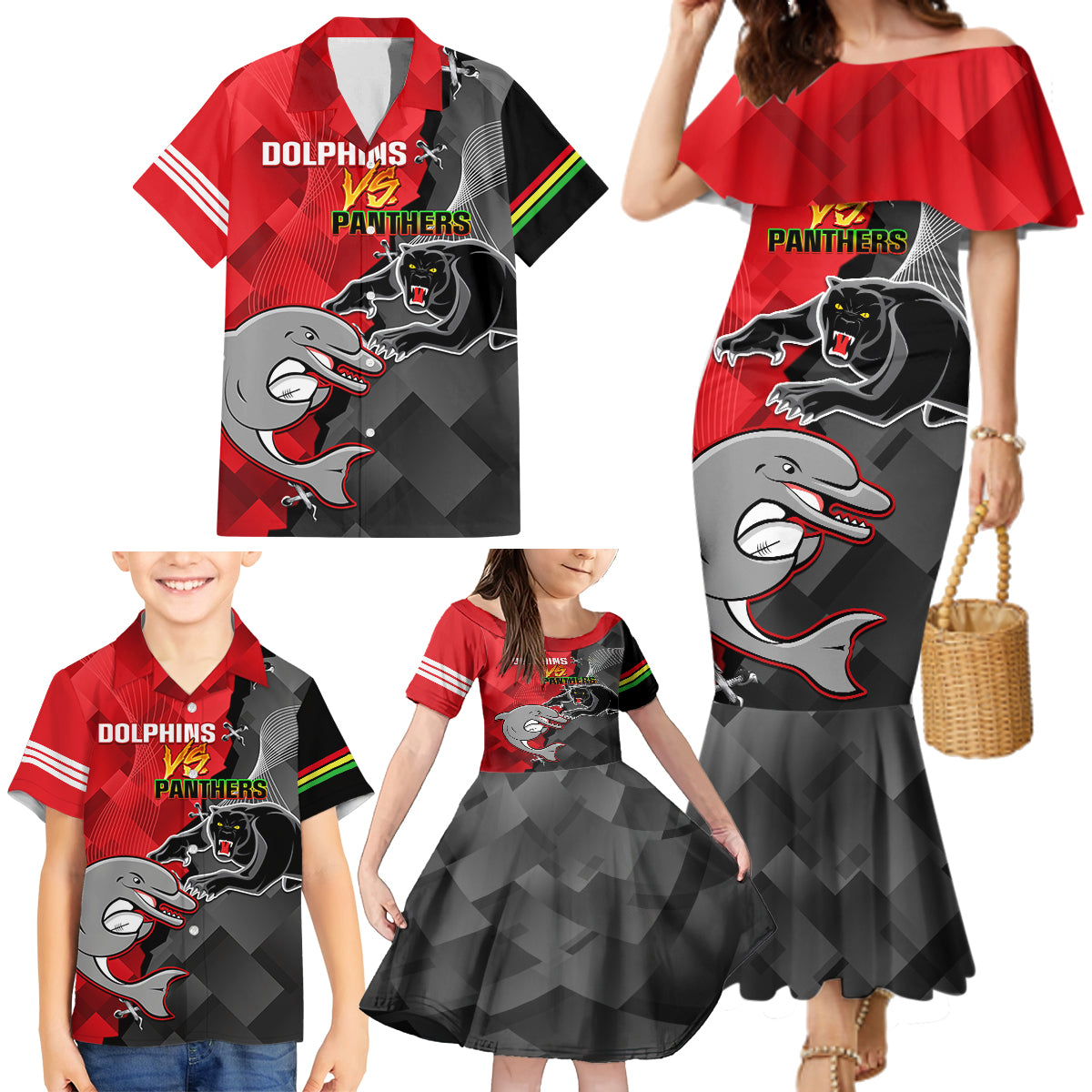 personalised-panthers-and-dolphins-family-matching-mermaid-dress-and-hawaiian-shirt-sporty-version