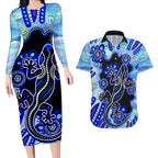 australia-couples-matching-long-sleeve-bodycon-dress-and-hawaiian-shirt-aussie-opal-pattern-with-lizard-aboriginal-art-turquoise