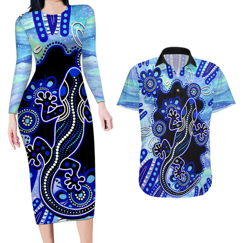 australia-couples-matching-long-sleeve-bodycon-dress-and-hawaiian-shirt-aussie-opal-pattern-with-lizard-aboriginal-art-turquoise
