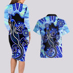 australia-couples-matching-long-sleeve-bodycon-dress-and-hawaiian-shirt-aussie-opal-pattern-with-lizard-aboriginal-art-turquoise