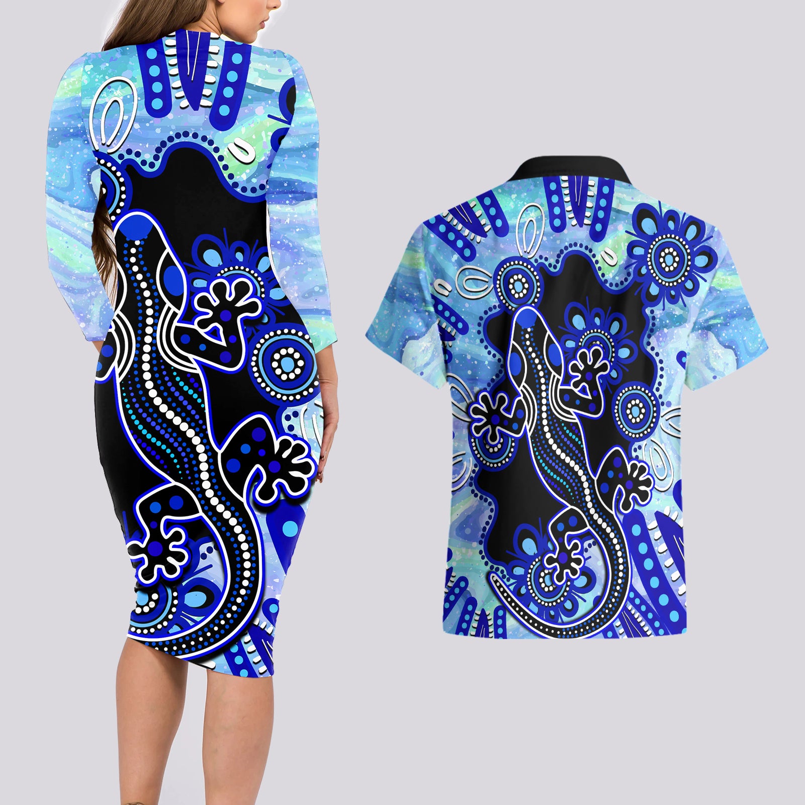 australia-couples-matching-long-sleeve-bodycon-dress-and-hawaiian-shirt-aussie-opal-pattern-with-lizard-aboriginal-art-turquoise