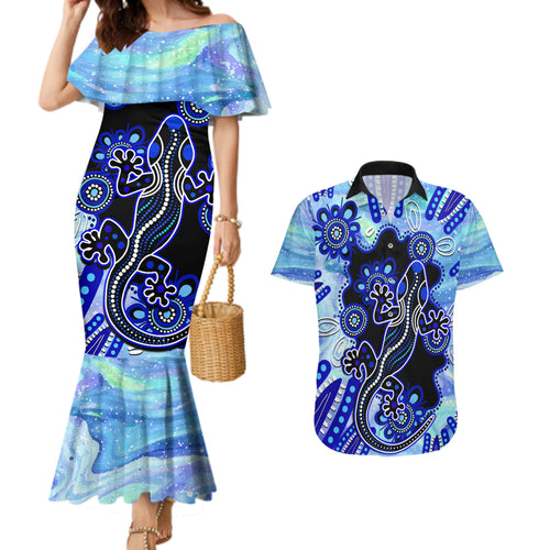 australia-couples-matching-mermaid-dress-and-hawaiian-shirt-aussie-opal-pattern-with-lizard-aboriginal-art-turquoise