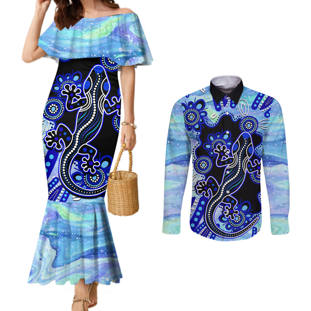 australia-couples-matching-mermaid-dress-and-long-sleeve-button-shirt-aussie-opal-pattern-with-lizard-aboriginal-art-turquoise