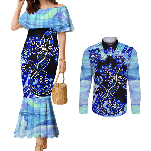 australia-couples-matching-mermaid-dress-and-long-sleeve-button-shirt-aussie-opal-pattern-with-lizard-aboriginal-art-turquoise