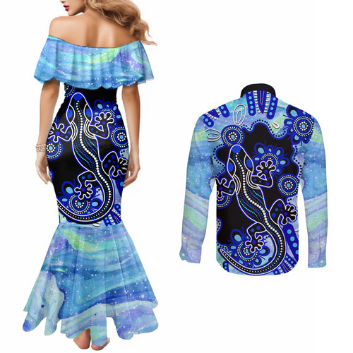 australia-couples-matching-mermaid-dress-and-long-sleeve-button-shirt-aussie-opal-pattern-with-lizard-aboriginal-art-turquoise