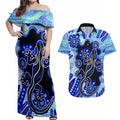 australia-couples-matching-off-shoulder-maxi-dress-and-hawaiian-shirt-aussie-opal-pattern-with-lizard-aboriginal-art-turquoise