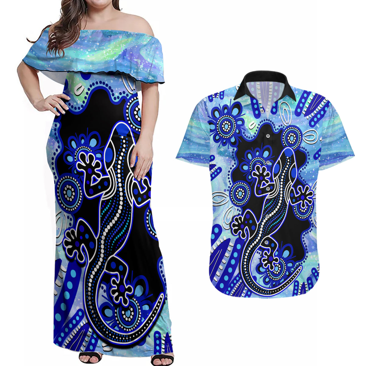 australia-couples-matching-off-shoulder-maxi-dress-and-hawaiian-shirt-aussie-opal-pattern-with-lizard-aboriginal-art-turquoise