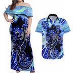 australia-couples-matching-off-shoulder-maxi-dress-and-hawaiian-shirt-aussie-opal-pattern-with-lizard-aboriginal-art-turquoise