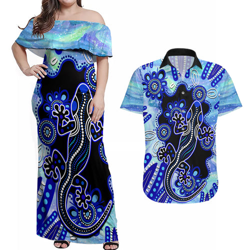 australia-couples-matching-off-shoulder-maxi-dress-and-hawaiian-shirt-aussie-opal-pattern-with-lizard-aboriginal-art-turquoise
