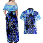 australia-couples-matching-off-shoulder-maxi-dress-and-hawaiian-shirt-aussie-opal-pattern-with-lizard-aboriginal-art-turquoise