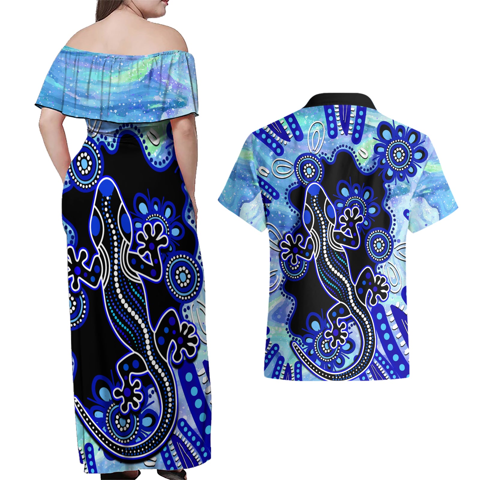 australia-couples-matching-off-shoulder-maxi-dress-and-hawaiian-shirt-aussie-opal-pattern-with-lizard-aboriginal-art-turquoise