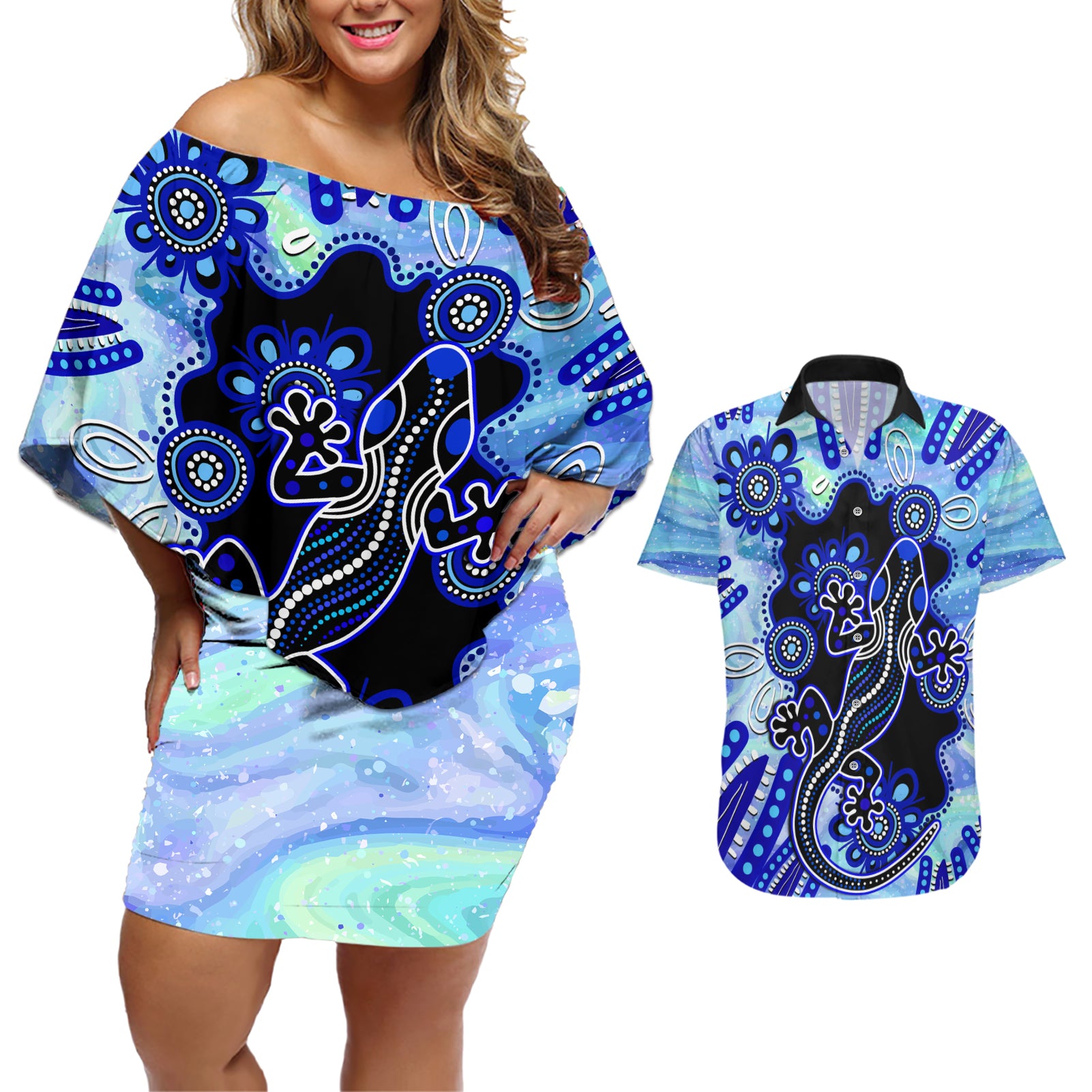 australia-couples-matching-off-shoulder-short-dress-and-hawaiian-shirt-aussie-opal-pattern-with-lizard-aboriginal-art-turquoise
