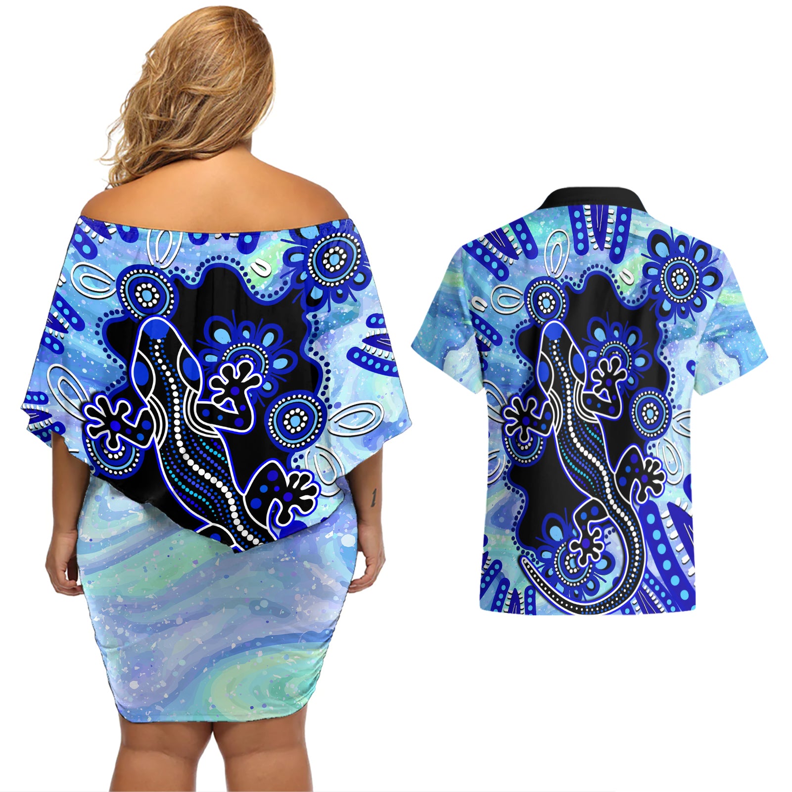 australia-couples-matching-off-shoulder-short-dress-and-hawaiian-shirt-aussie-opal-pattern-with-lizard-aboriginal-art-turquoise
