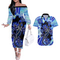 australia-couples-matching-off-the-shoulder-long-sleeve-dress-and-hawaiian-shirt-aussie-opal-pattern-with-lizard-aboriginal-art-turquoise