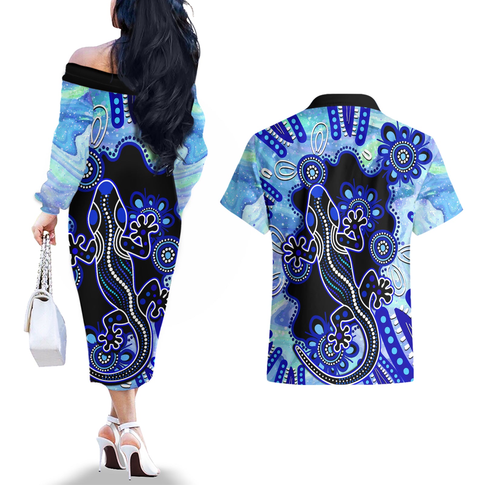 australia-couples-matching-off-the-shoulder-long-sleeve-dress-and-hawaiian-shirt-aussie-opal-pattern-with-lizard-aboriginal-art-turquoise