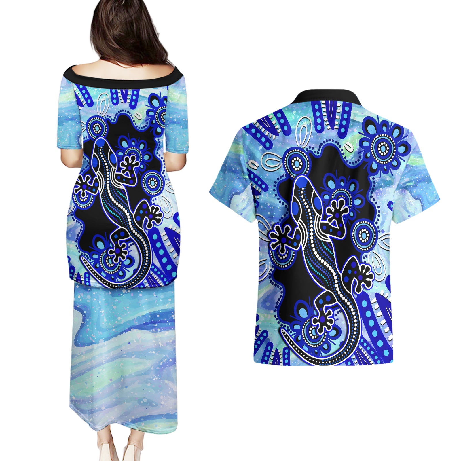 australia-couples-matching-puletasi-dress-and-hawaiian-shirt-aussie-opal-pattern-with-lizard-aboriginal-art-turquoise