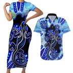 australia-couples-matching-short-sleeve-bodycon-dress-and-hawaiian-shirt-aussie-opal-pattern-with-lizard-aboriginal-art-turquoise