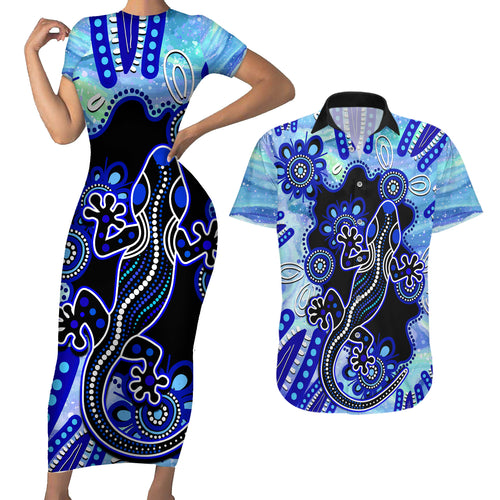 australia-couples-matching-short-sleeve-bodycon-dress-and-hawaiian-shirt-aussie-opal-pattern-with-lizard-aboriginal-art-turquoise