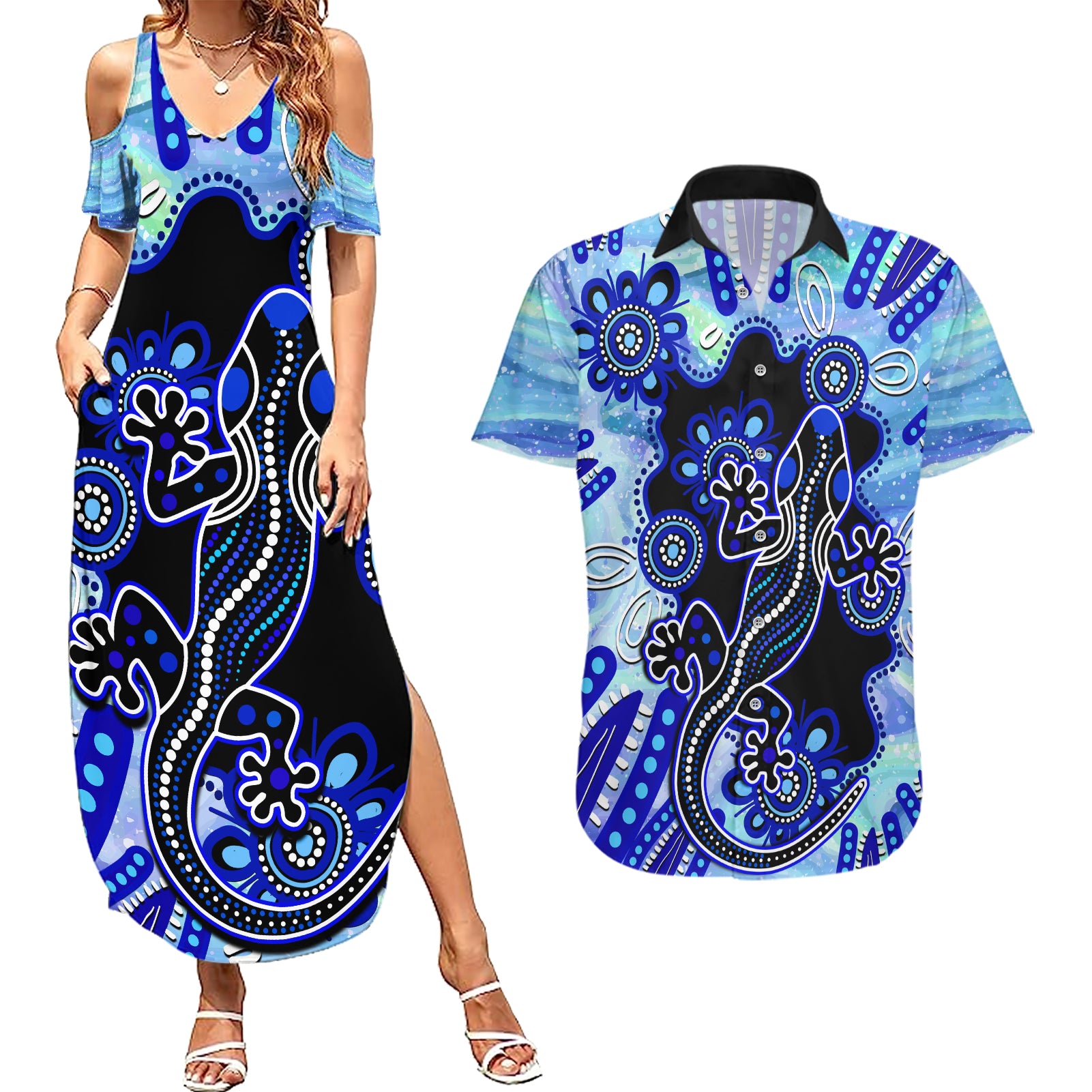 australia-couples-matching-summer-maxi-dress-and-hawaiian-shirt-aussie-opal-pattern-with-lizard-aboriginal-art-turquoise