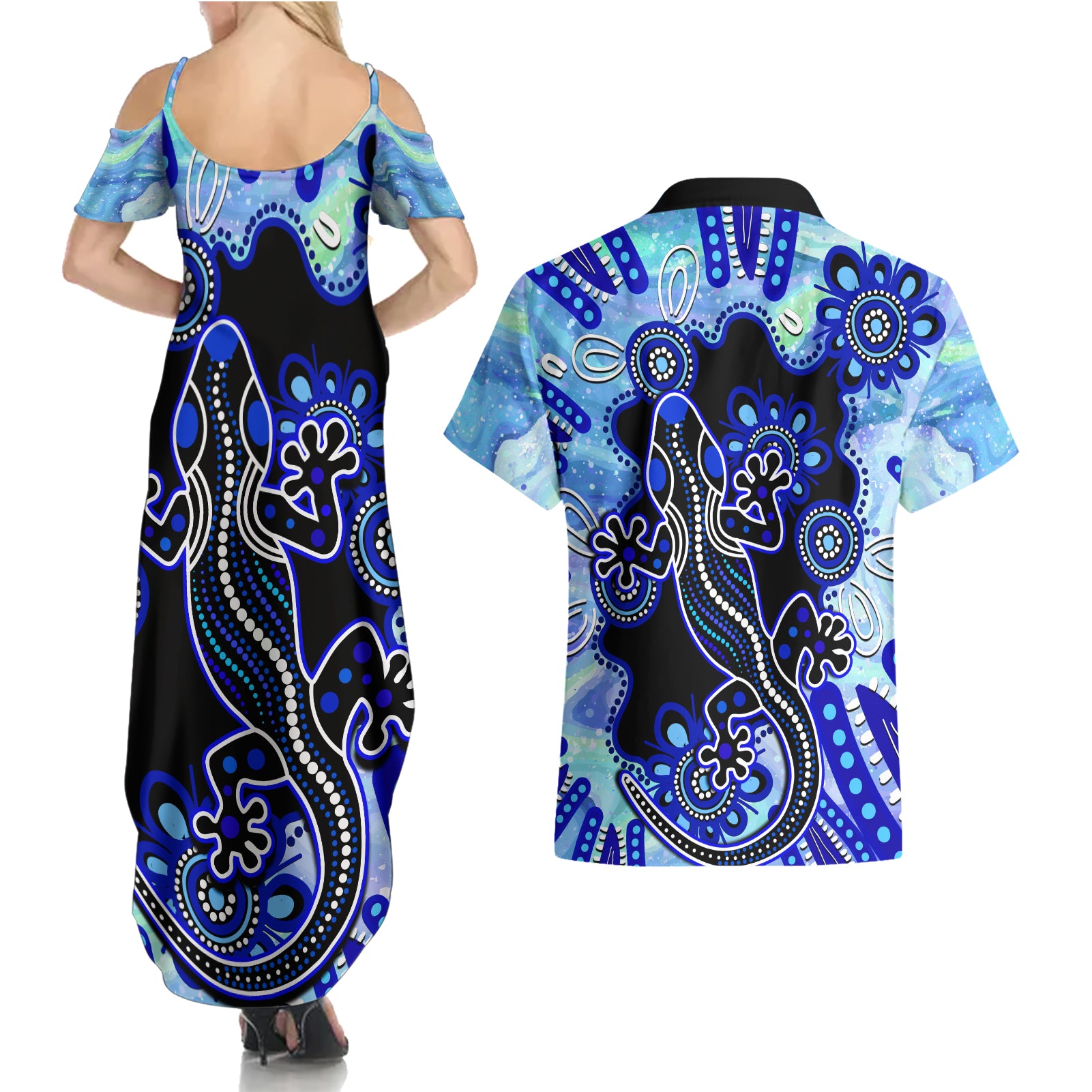 australia-couples-matching-summer-maxi-dress-and-hawaiian-shirt-aussie-opal-pattern-with-lizard-aboriginal-art-turquoise