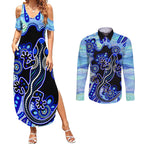 australia-couples-matching-summer-maxi-dress-and-long-sleeve-button-shirt-aussie-opal-pattern-with-lizard-aboriginal-art-turquoise