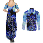 australia-couples-matching-summer-maxi-dress-and-long-sleeve-button-shirt-aussie-opal-pattern-with-lizard-aboriginal-art-turquoise