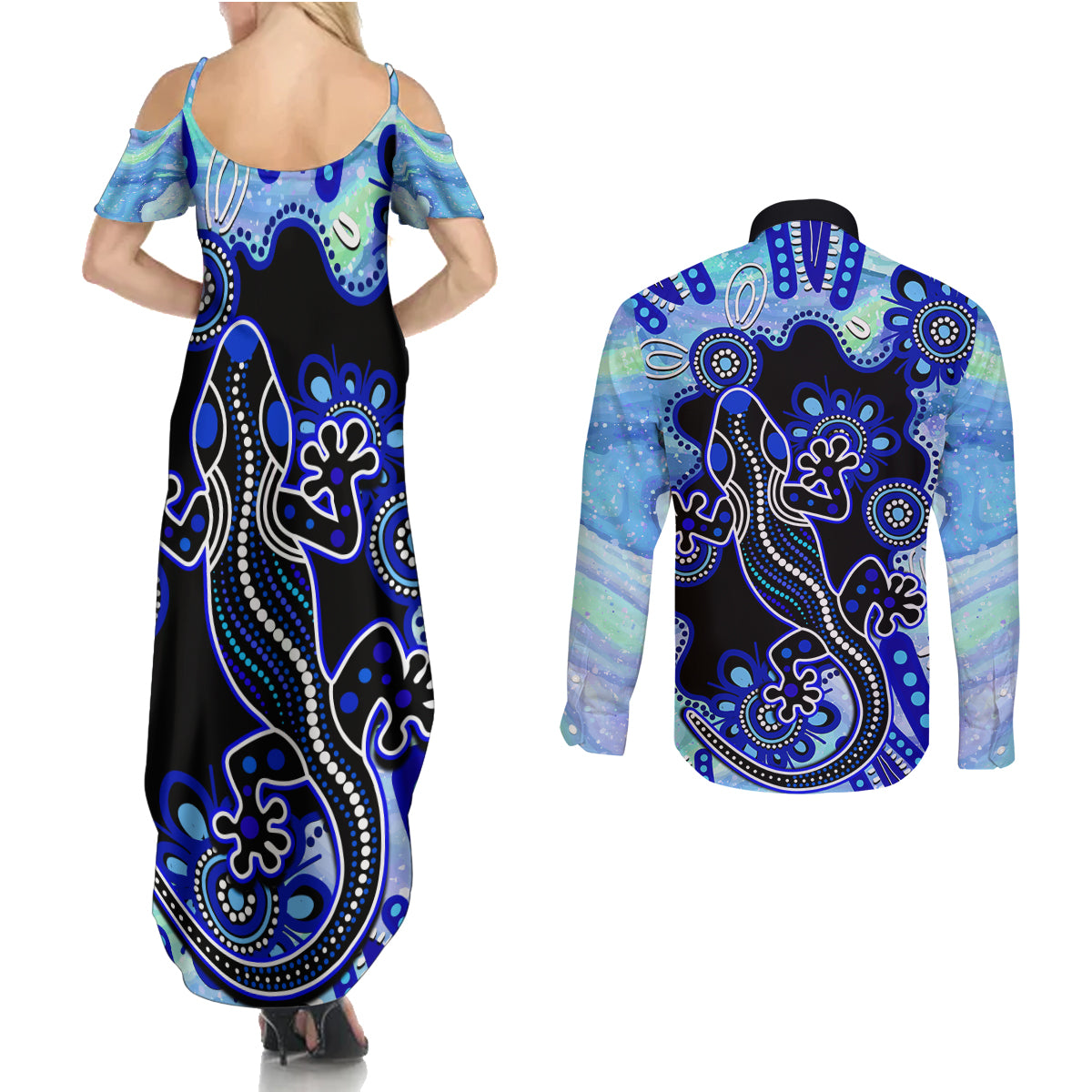australia-couples-matching-summer-maxi-dress-and-long-sleeve-button-shirt-aussie-opal-pattern-with-lizard-aboriginal-art-turquoise