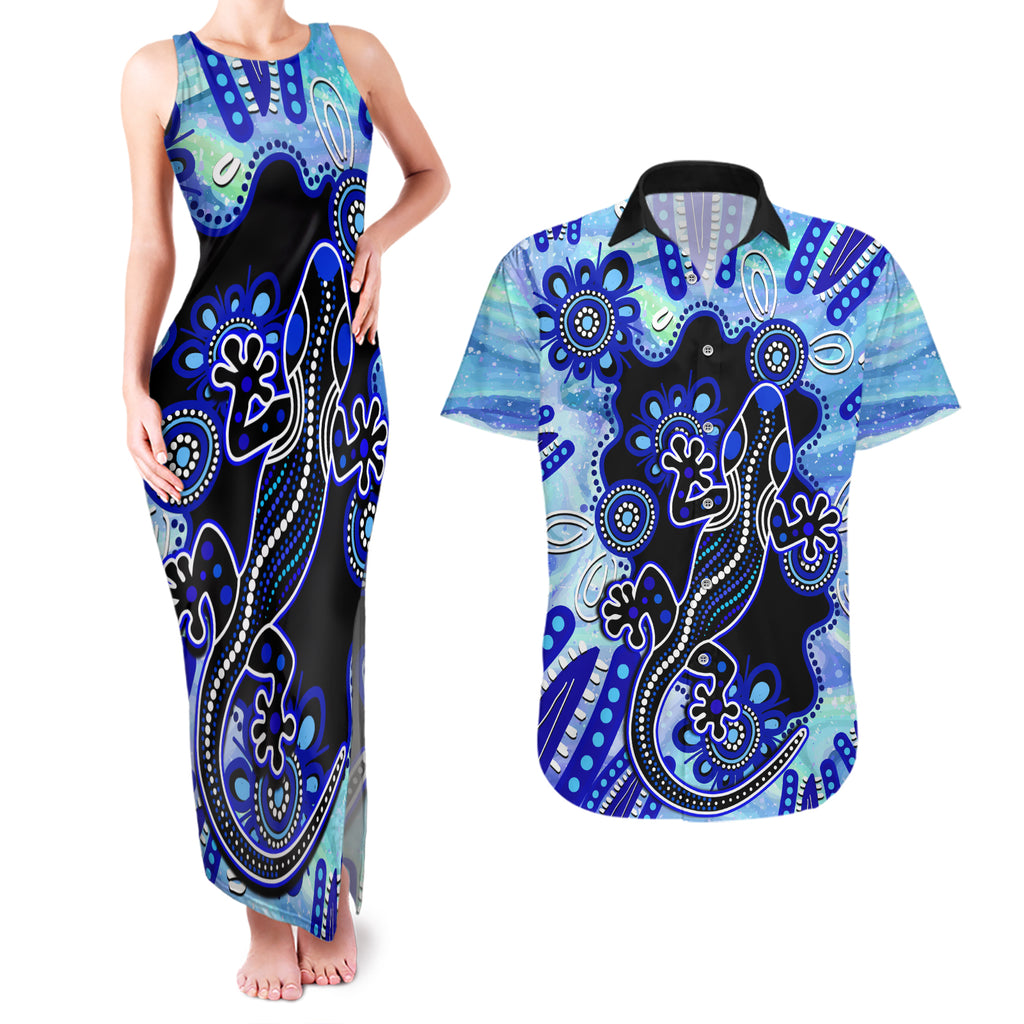 australia-couples-matching-tank-maxi-dress-and-hawaiian-shirt-aussie-opal-pattern-with-lizard-aboriginal-art-turquoise