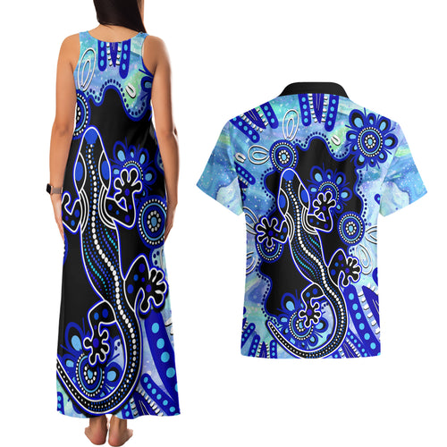australia-couples-matching-tank-maxi-dress-and-hawaiian-shirt-aussie-opal-pattern-with-lizard-aboriginal-art-turquoise