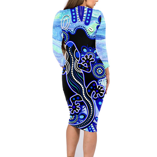 australia-family-matching-long-sleeve-bodycon-dress-and-hawaiian-shirt-aussie-opal-pattern-with-lizard-aboriginal-art-turquoise