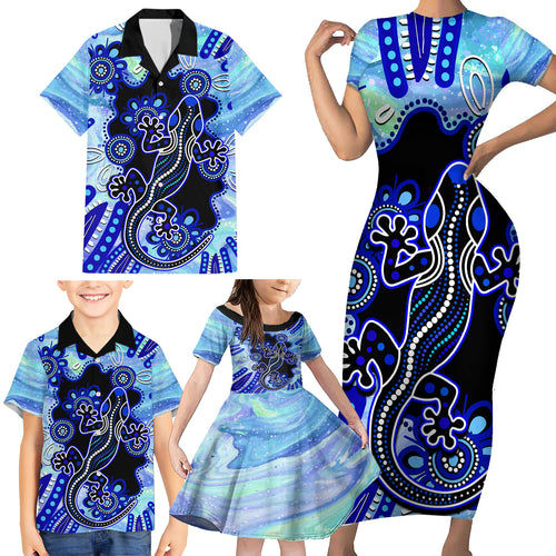 australia-family-matching-short-sleeve-bodycon-dress-and-hawaiian-shirt-aussie-opal-pattern-with-lizard-aboriginal-art-turquoise