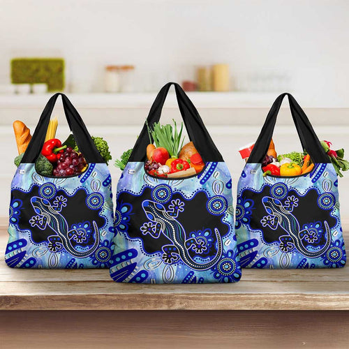 Australia Grocery Bag Aussie Opal Pattern With Lizard Aboriginal Art - Turquoise