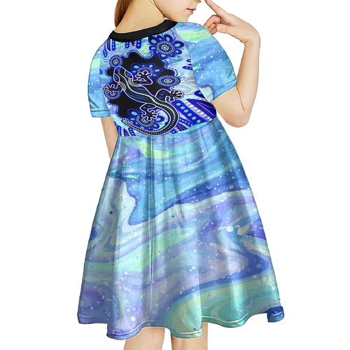 australia-kid-short-sleeve-dress-aussie-opal-pattern-with-lizard-aboriginal-art-turquoise