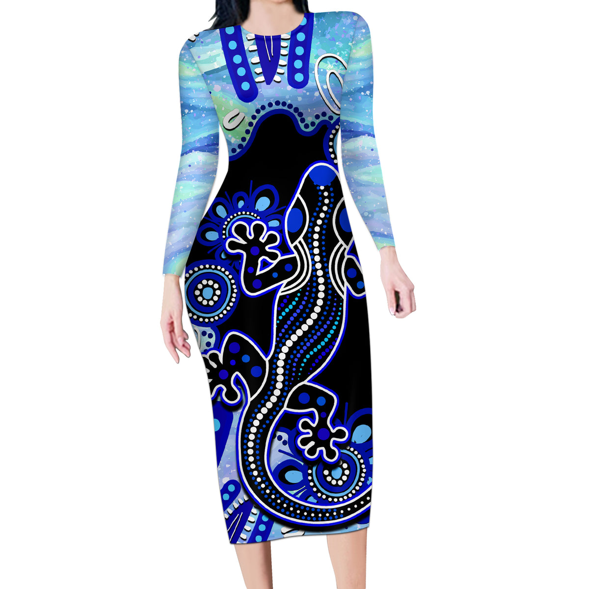 australia-long-sleeve-bodycon-dress-aussie-opal-pattern-with-lizard-aboriginal-art-turquoise
