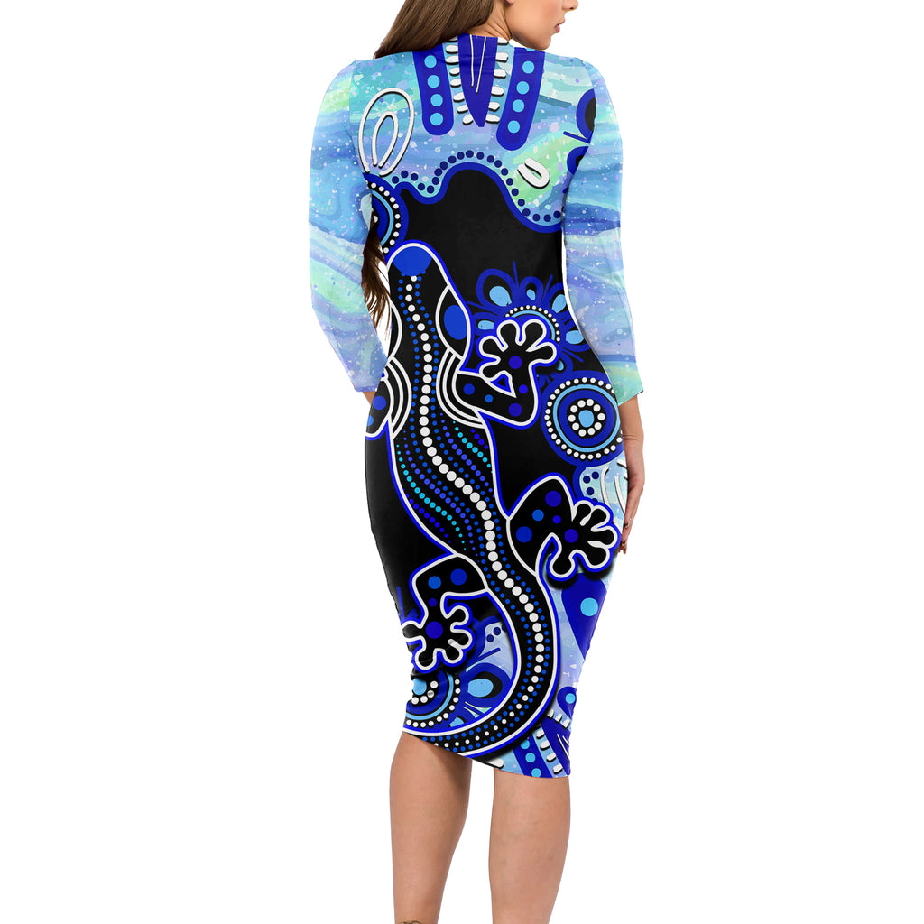australia-long-sleeve-bodycon-dress-aussie-opal-pattern-with-lizard-aboriginal-art-turquoise