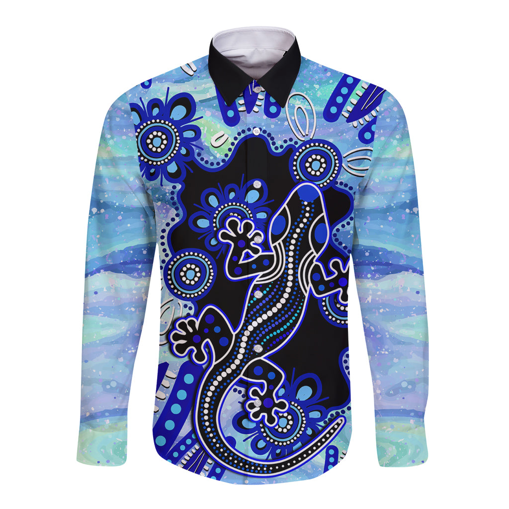 australia-long-sleeve-button-shirt-aussie-opal-pattern-with-lizard-aboriginal-art-turquoise