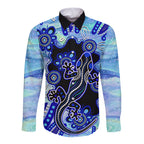 australia-long-sleeve-button-shirt-aussie-opal-pattern-with-lizard-aboriginal-art-turquoise