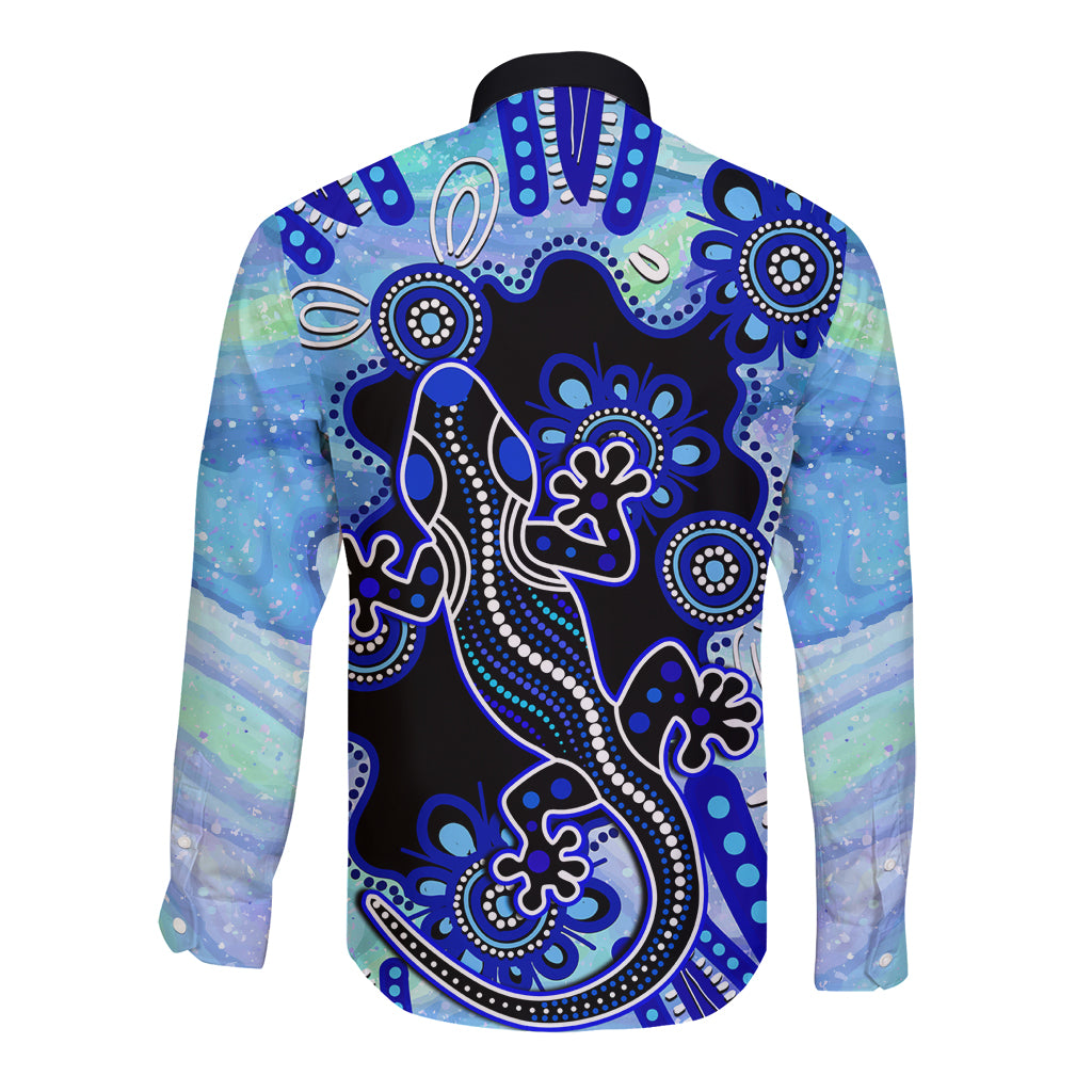 australia-long-sleeve-button-shirt-aussie-opal-pattern-with-lizard-aboriginal-art-turquoise