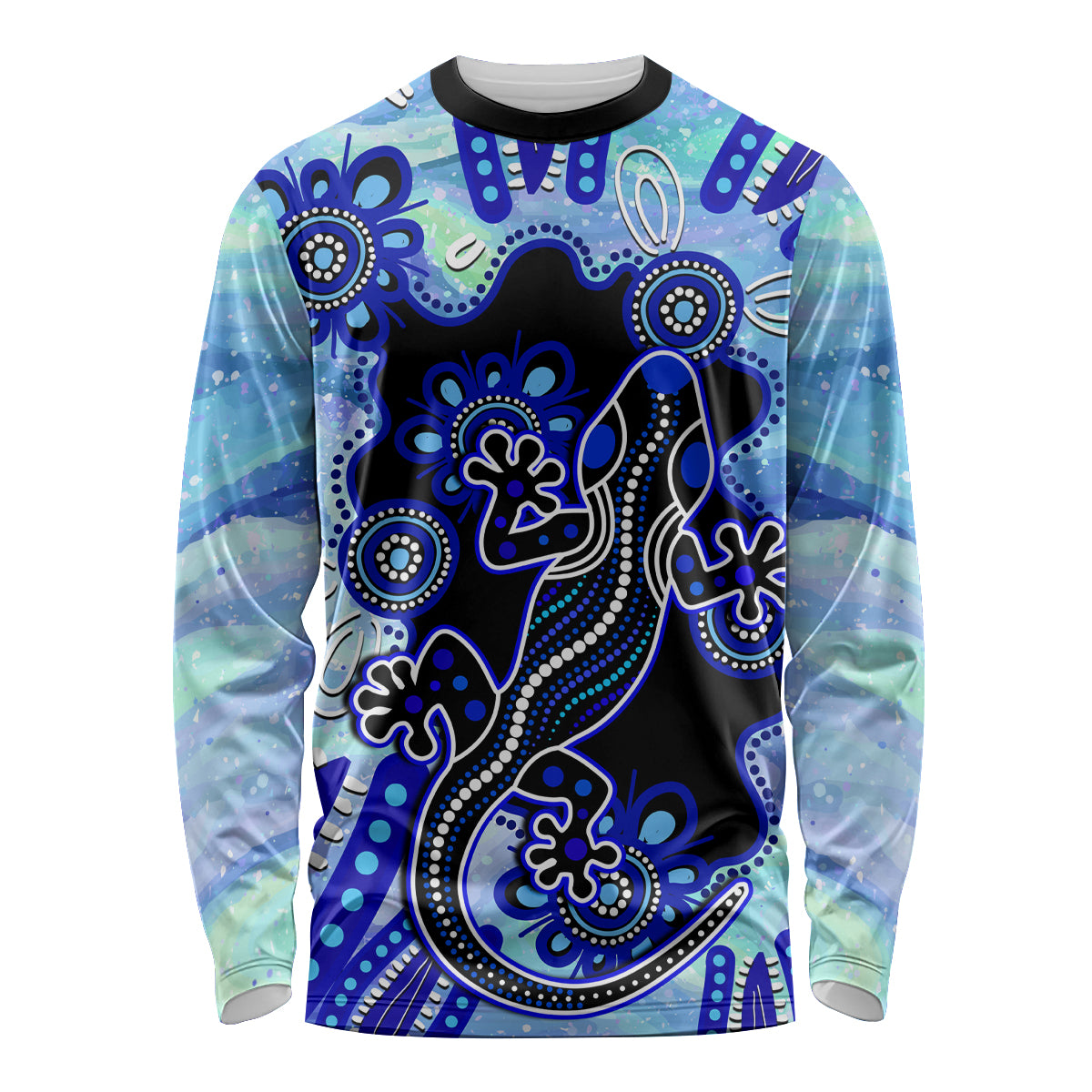 australia-long-sleeve-shirt-aussie-opal-pattern-with-lizard-aboriginal-art-turquoise