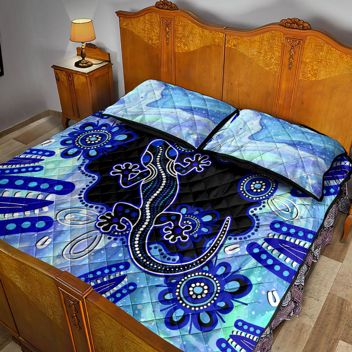australia-quilt-bed-set-aussie-opal-pattern-with-lizard-aboriginal-art-turquoise