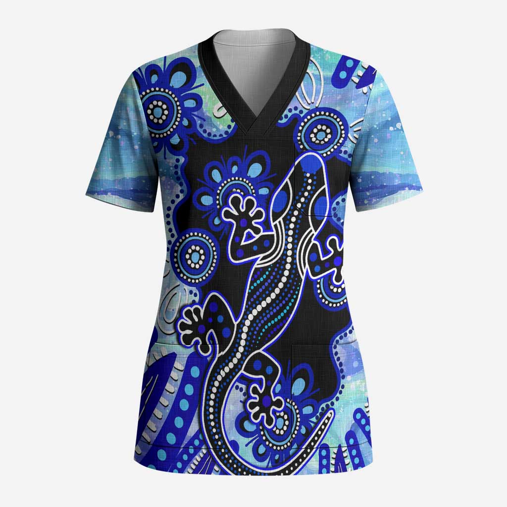 Australia Scrub Top Aussie Opal Pattern With Lizard Aboriginal Art - Turquoise - Aussie Hoodie