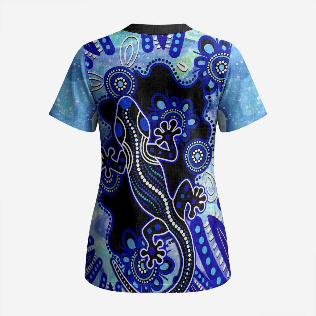 Australia Scrub Top Aussie Opal Pattern With Lizard Aboriginal Art - Turquoise - Aussie Hoodie